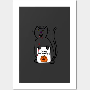 Small Vampire Cat with Halloween Horror Card Posters and Art